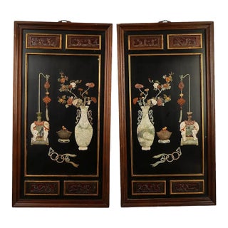 Pair of Vintage Chinese Black Lacquer Wall Panels With Jade Hardstone For Sale