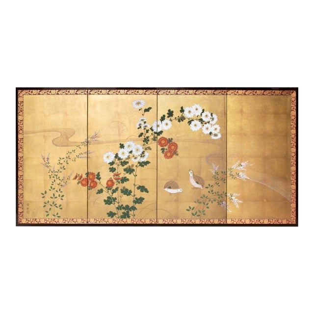 "Chrysanthemums and Quail" by Setsuga, 1980s Japanese Byobu Screen For Sale