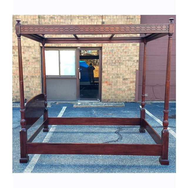 Wood Late 20th Century Henredon Attributed Federal Carved Mahogany Four-Poster Queen Size Fretworked Canopy Bed For Sale - Image 7 of 15