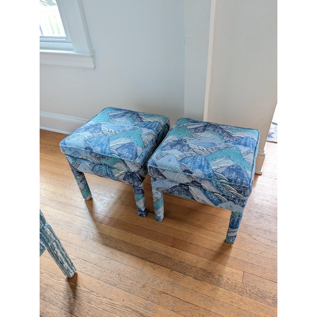 Textile Lee Jofa Kelly Wearstler Edo Linen in Teal Parsons Ottomans - a Pair For Sale - Image 7 of 9