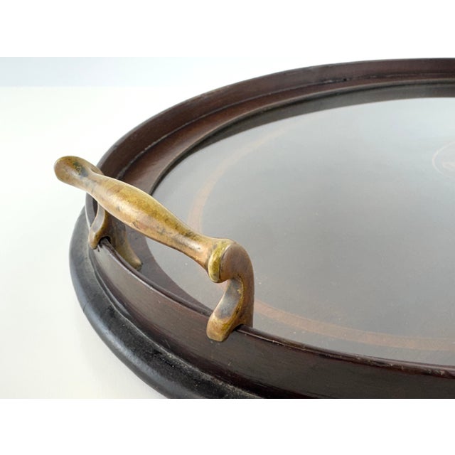 1920s Antique Edwardian Mahogany Inlaid Serving Tray With Brass Handles For Sale - Image 5 of 9