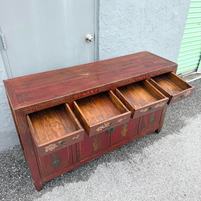 Chinese Red Hand Painted Credenza/Wedding Cabinet For Sale - Image 9 of 11