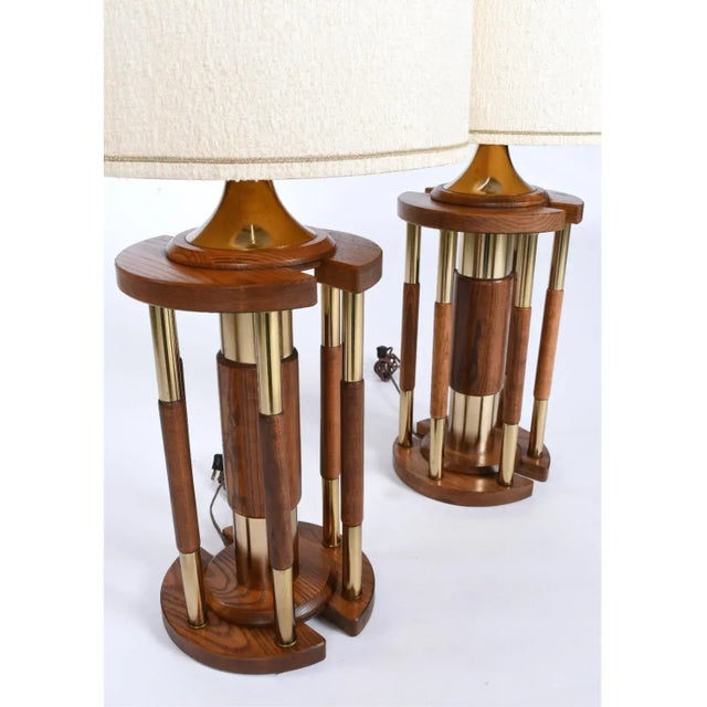 Pair Post Modern Gold Brass and Oak Wood Large Table Lamps For Sale - Image 4 of 10