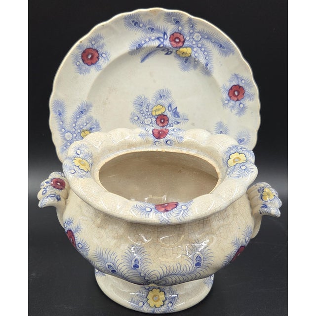 Victorian Antique 1860s Staffordshire Footed Scalloped Tureen and Matching Underplate Set by Wood, Challinor & Co. English Pottery For Sale - Image 3 of 18