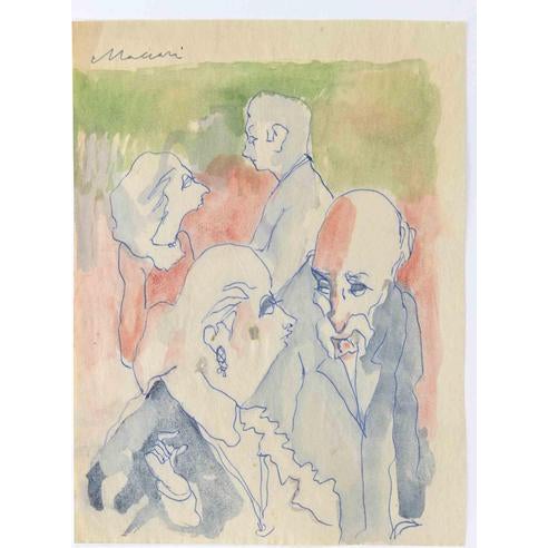 Mino Maccari, The Couples, Pen and Watercolor Drawing, 20th Century For Sale