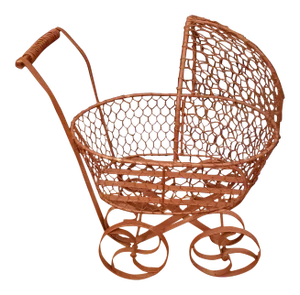 Vintage Metal Brown Buggy Planter With Chicken Wire and Iron Wheels