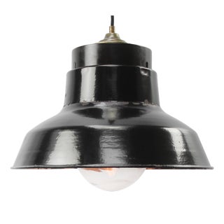 Vintage Industrial Black Enamel and Brass Pendant Light For Sale