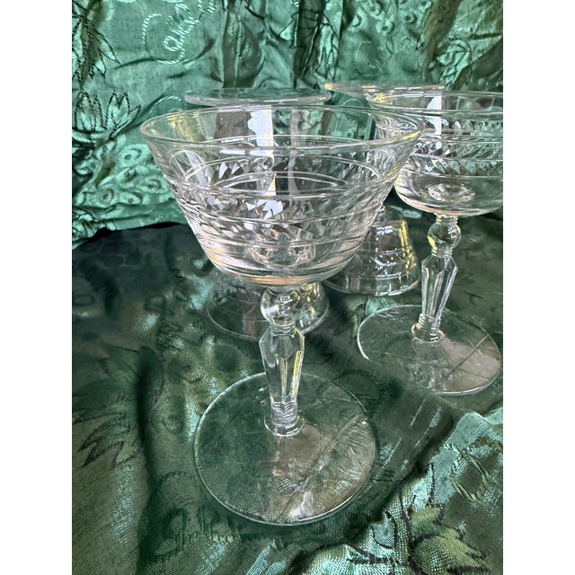 1930s Art Deco Decorative Stem Etched Crystal for Cognac- 4pc For Sale - Image 4 of 7