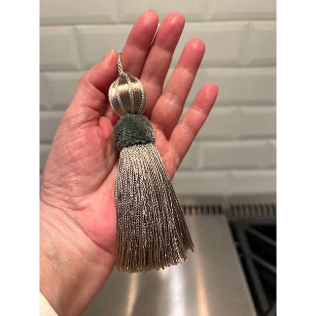 Aqua and Taupe Satin Beaded Key Tassel With Cut Velvet Detail For Sale - Image 14 of 17