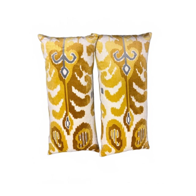 2010s Velour Velvet Ikat Lumbar Pillows - A Pair For Sale - Image 5 of 5