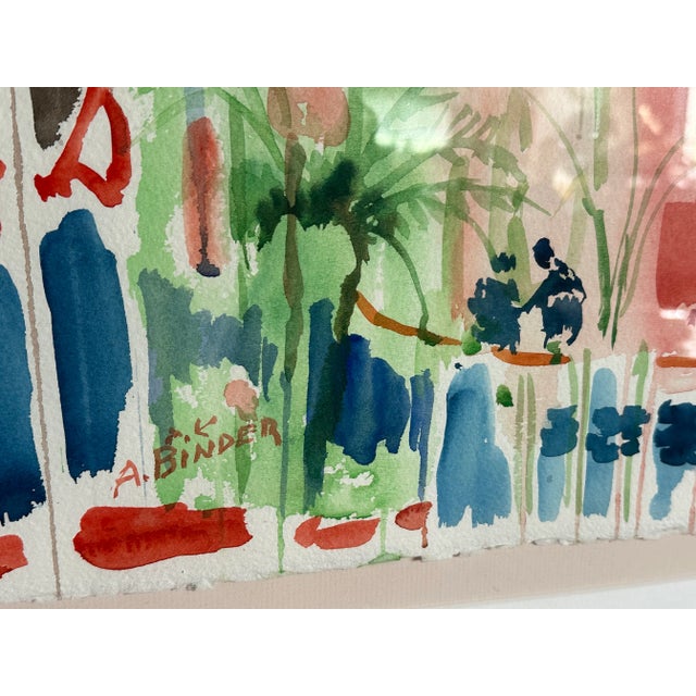 Large Vintage Watercolor Painting by Avraham Binder, Coastal, Colorful Sea Side Bustling Leisure Harbor For Sale - Image 4 of 8