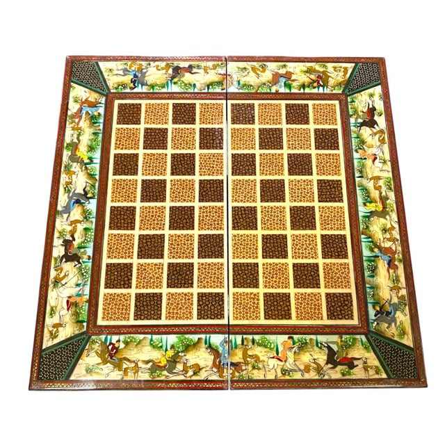 Persian Khatam Chess Board With Micro-Mosaic and Handpainted Decoration and Backgammon Board For Sale - Image 4 of 18