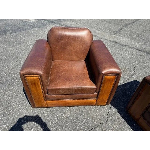 Pair of Fully Restored French Art Deco Two-Tone Leather Club Chairs For Sale - Image 9 of 15