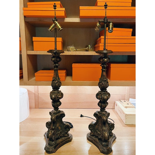 Italian Antique Italian Polychrome Pricket Table Lamps - A Pair For Sale - Image 3 of 12
