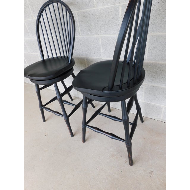 Early 21st Century Custom Black Distressed Hoop Back Windsor Style Counter Height Stools - A Pair For Sale - Image 5 of 17