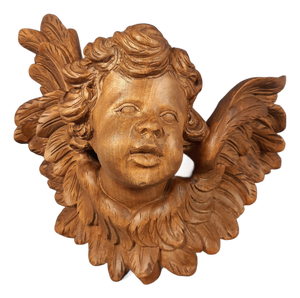 Hanging Winged Putto Head Sculpture in Carved Wood, Italy, Mid 20th Century