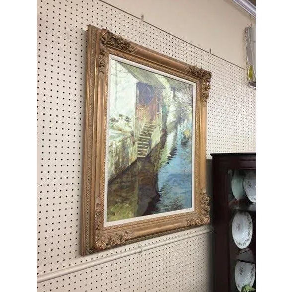Art Nouveau Vintage Original Oil Painting Signed by Artist - Suzhou Canal - Framed For Sale - Image 3 of 10