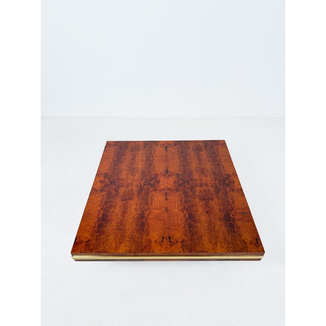 Mid-Century Modern Italian Square Coffe Table in Burl Wood and Brass, 1970s For Sale - Image 9 of 18