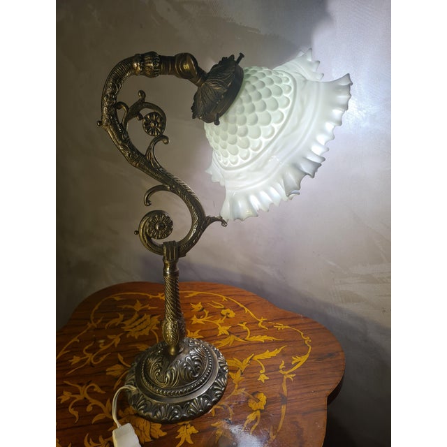 Metal Antique Bronze Lamp with White Opaline Lampshade, 1900s For Sale - Image 7 of 9