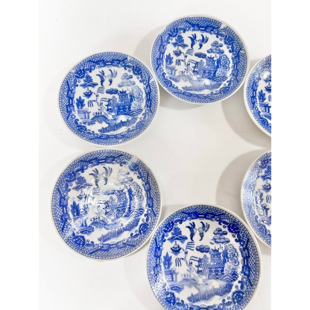 1920s Antique Blue Willow Butter Pat Plates – Chinoiserie Blue & White – Set of 6 For Sale - Image 5 of 12