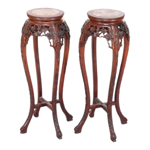 Pair of Antique Chinese Carved Rosewood & Rouge Marble Sculpture Stands, Circa 1920