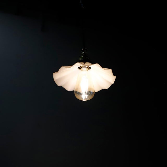 1940s Milk Glass Vintage Industrial Pendant Light 14 For Sale - Image 4 of 5