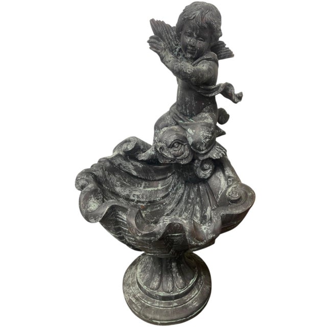 Vintage Neoclassical Bronze Cherub Riding Dolphin Shell Basin Fountain For Sale - Image 4 of 12