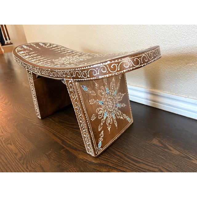 Hand-Painted Indian Curved Wood Stool With Floral Motifs For Sale - Image 4 of 4