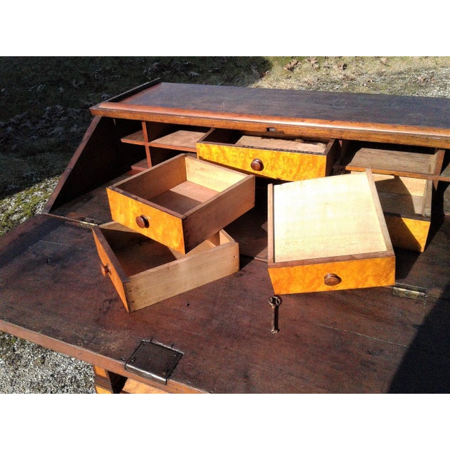 1850s Antique 2 Piece Cherry Curly Maple Slant Front Secretary Desk With Bookcase Top For Sale - Image 11 of 18