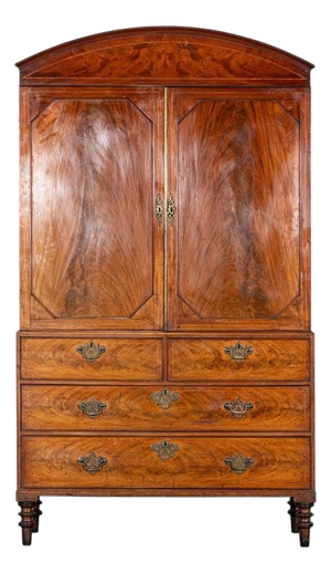 English Georgian Arched Mahogany Inlaid Linen Press, 1800s