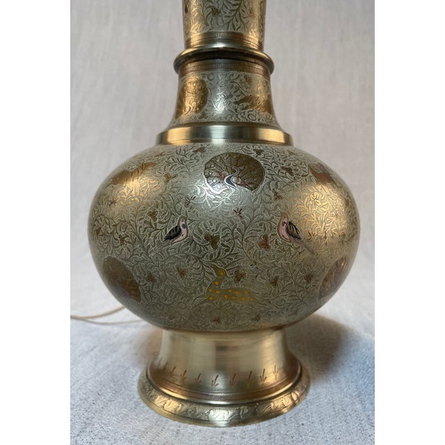 1950s Indian Brass Incised Animal Motif Table Lamp For Sale - Image 4 of 11