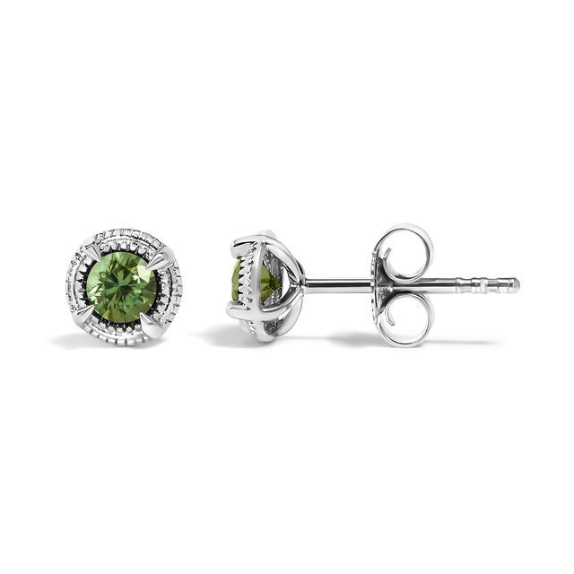 Contemporary .925 Sterling Silver 1/4 cttw Treated Green Diamond Modern 4-Prong Solitaire Milgrain Stud Earrings, A Pair For Sale - Image 3 of 6