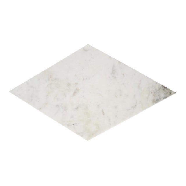 Modern and classic diamond shaped white marble top side table with hand hammered black iron base. Each will have slight...