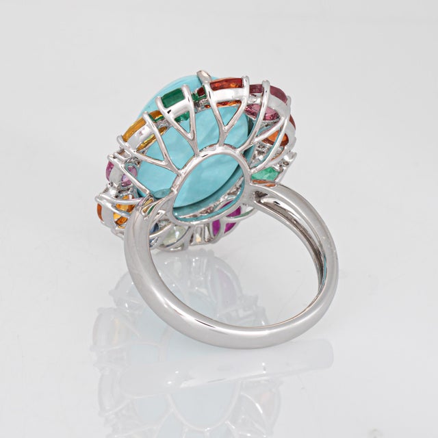 Early 21st Century Turquoise Rainbow Sapphire Ring Diamond 18k Gold Sz 7 Estate Cocktail Jewelry For Sale - Image 5 of 7