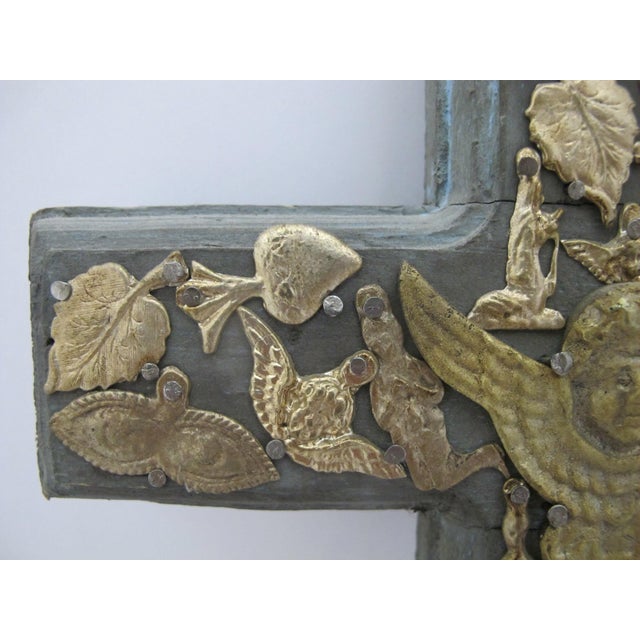 Mexican Folk Art Milagros Guardian Angel Charms Turquoise Hand Carved Wood Cross For Sale - Image 4 of 8