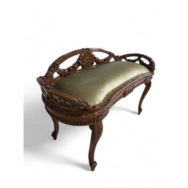 Antique French Louis XVI Style Carved Walnut Window Bench Newly Upholstered in Olive Green Velvet Elegant and richly...