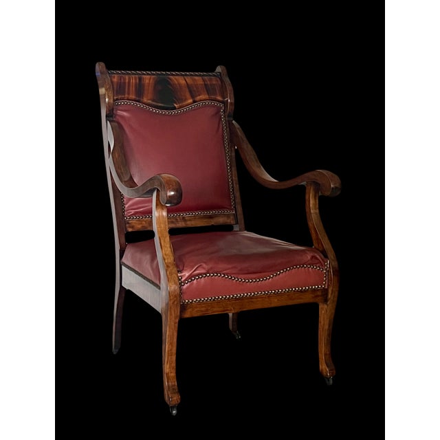 Antique Empire Flame Mahogany & Ox Blood Red Leather Library Armchair, Late 19th. Century Chair For Sale - Image 4 of 14