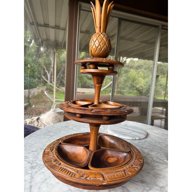 Mid-Century Modern Vintage Hand-Carved, Three-Tiered Monkey Pod Wood Lazy Susan Serving Tray For Sale - Image 3 of 7
