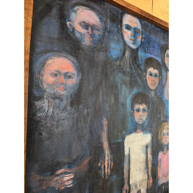 A vintage fine art mid century modern painting of family. Large and impressive size with precise brush strokes depicting...