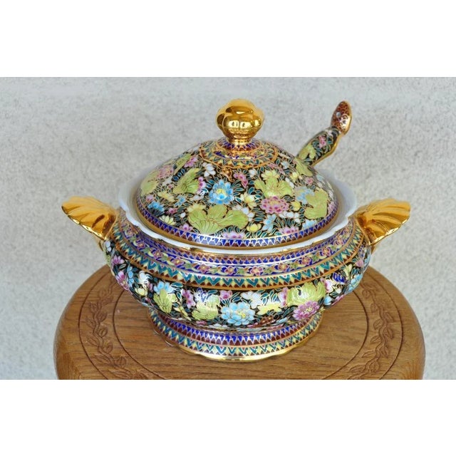 Thai Benjarong Porcelain Soup Tureen & Ladle Set With Hand-Painted Floral Decorations For Sale - Image 11 of 13