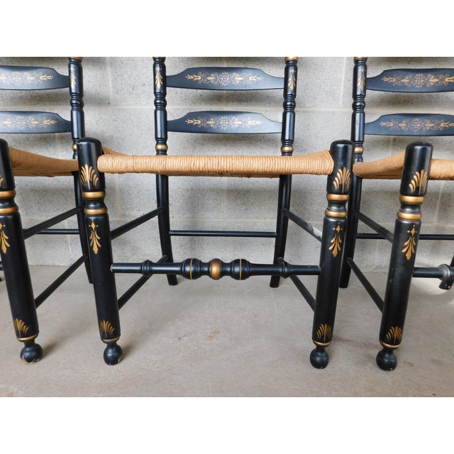 L Hitchcock Harvest Stenciled Black Ladder Back Rush Bottom Dining Chairs - Set of 8 For Sale - Image 9 of 18