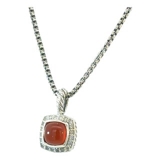 1990s David Yurman Carnelian Diamonds Chain Necklace 16" 7 mm Silver Estate For Sale