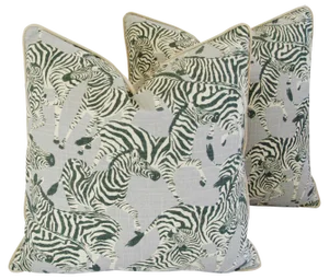 Safari Zebra Linen/Velvet Feather/Down Pillows 24" Square - Pair