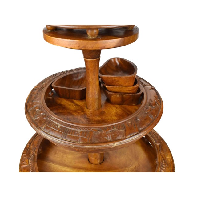 Mid 20th Century Wood Carved Lazy Susan 3 Tier Centerpiece Serving Set For Sale - Image 6 of 9