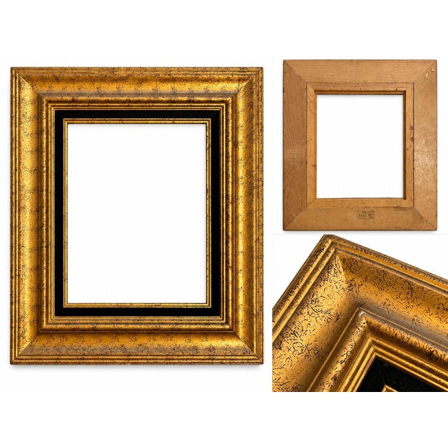 Italian elegant ornate gold-tone picture frame with a wide, sculpted profile, distressed antique-style finish, and...