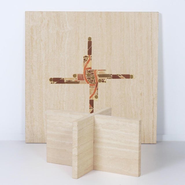 1980s Coffee Table in Travertine with Marble and Brass Inlay by Paul Kingma, 1980 For Sale - Image 5 of 11