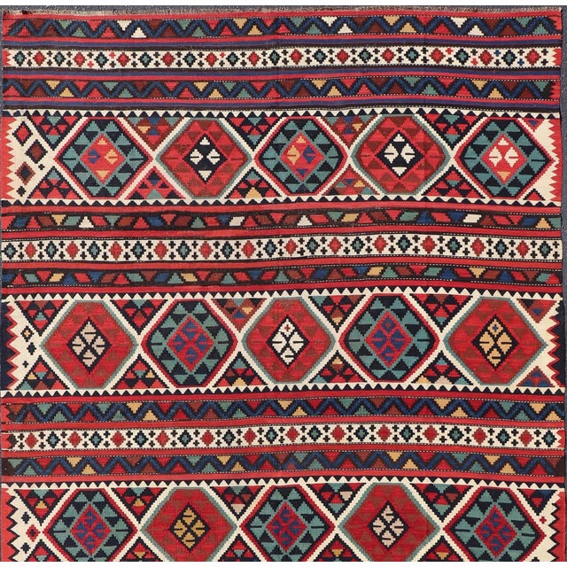 Antique Shirvan Kilim with Intricate Design in with Vibrant Colors, 19th century. Antique Shirvan Kilim Rug in with...