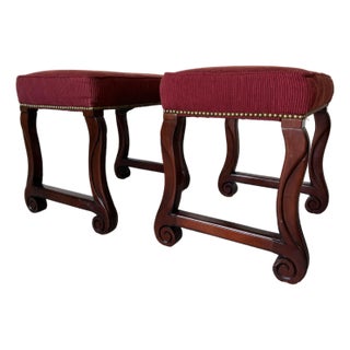 Vintage Hollywood Regency Style Carved Mahogany Ottomans – Pair For Sale