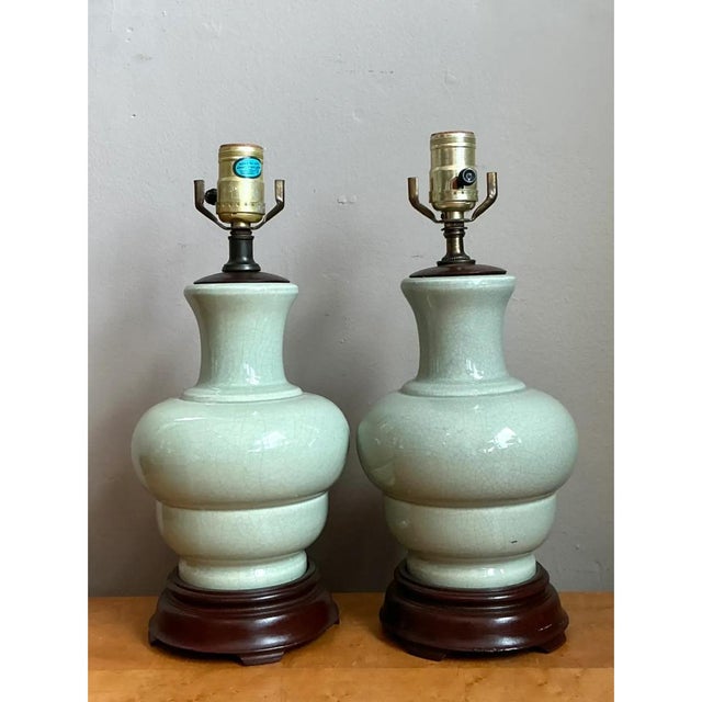 Vintage Celedon Crackle Glazed Ceramic Table Lamps - a Pair For Sale - Image 9 of 12