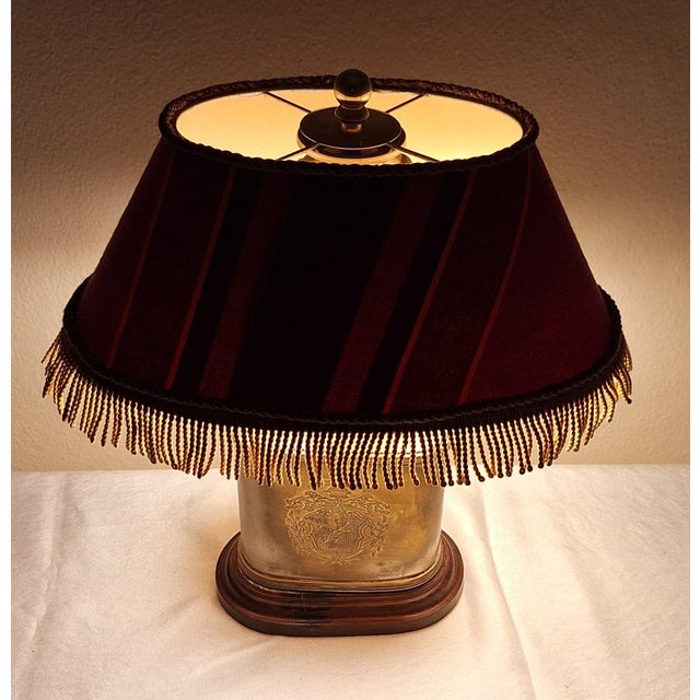 Vintage Table Lamp with Silver-Plated Oval Metal Base and Fabric Shade, 1950s For Sale - Image 3 of 12